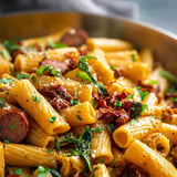 A bowl of pasta with meat and vegetables.