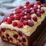 A slice of cake with raspberries on top.