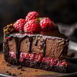 A slice of chocolate cake with raspberries on top.