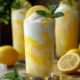 A glass of lemonade with a lemon wedge in it.