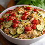 A bowl of food with tomatoes and zucchini.