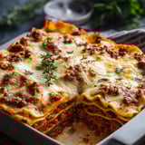 A plate of lasagna with cheese and meat.