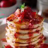 A stack of pancakes with strawberries on top.