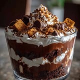 A chocolate dessert with white whipped cream and chocolate chips.