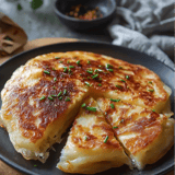 A slice of pizza with a green herb on top.