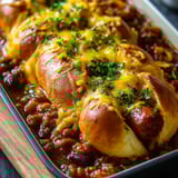 A plate of food with a hot dog and beans.
