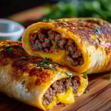 Two meat filled burritos on a table.
