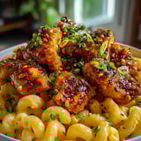 A bowl of food with chicken and noodles.