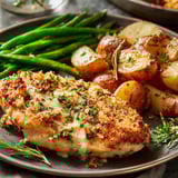 A plate of food with chicken, potatoes, and green beans.