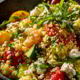 A bowl of food with tomatoes, cucumbers, and shrimp.