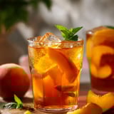 A glass of tea with a slice of peach in it.
