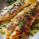 Two pieces of fish with lemon and herbs.