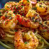 A plate of shrimp and pasta.