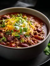 A bowl of chili with cheese and chives on top.