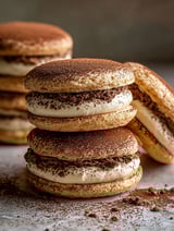 Tiramisu cookies stacked on top of each other.