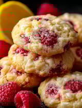 A stack of cookies with a lemon and raspberry flavor.