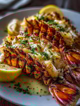 Grilled lobster tails with garlic lemon butter sauce.