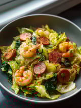 A bowl of food with shrimp, sausage, and cabbage.