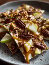 A close up of a caramel apple bark.
