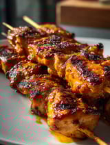 Chipotle honey chicken skewers on a white plate.