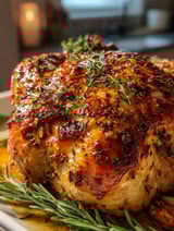 A close up of a cooked turkey with herbs on top.