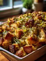 A dish of bread stuffing with herbs on top.