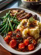 A plate of food with roasted green beans and tomatoes.