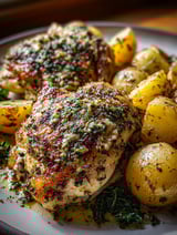 A plate of chicken and potatoes with garlic and Parmesan cheese.