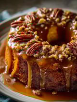 A slice of pecan cake with caramel glaze.