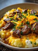 A delicious slow cooker steak and cheddar potato casserole.