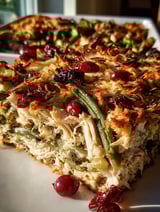 A casserole with green beans and cherries on top.