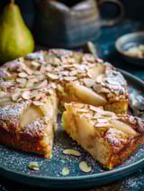 A slice of pear and almond breakfast cake.