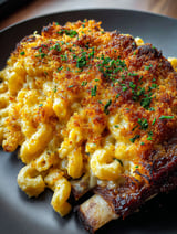 A rib cage with mac and cheese on it.