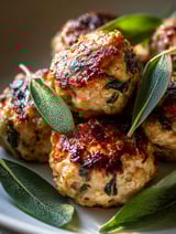 A plate of meatballs with sage and apple toppings.