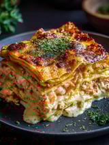 A delicious seafood lasagna on a plate.