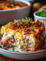 A loaded potato meatloaf casserole on a plate.