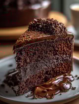 A slice of chocolate cake with chocolate icing.