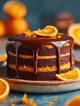 A chocolate orange layer cake with ganache.