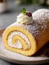 A vanilla swiss roll cake with white icing and a green mint leaf on top.
