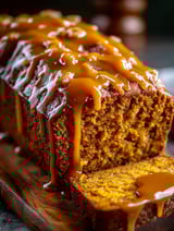A slice of moist butterscotch glazed pumpkin bread.