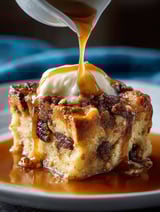 A slice of Orleans Bread Pudding with a bourbon sauce drizzled on top.