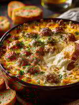 A bowl of hot sausage beer cheese dip.