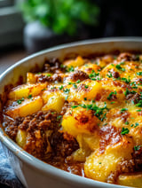 A hearty hobo casserole with ground beef and potatoes.