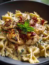 A plate of chicken and pasta.