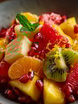 A bowl of fruit salad with a slice of kiwi.