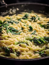 A dish of pasta with spinach and ricotta.