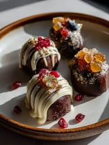 Chocolate desserts with gold flakes and red berries on a plate.
