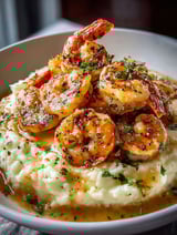 A plate of shrimp and mashed potatoes.