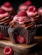 A chocolate cupcake with a raspberry on top.