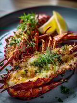 A delicious meal of lobster with lemon and herbs.